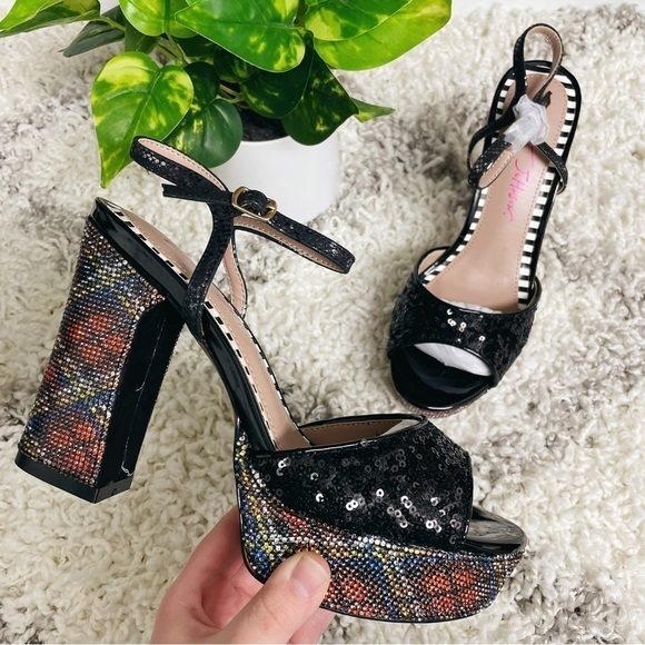 Betsey Johnson Alaia Black Plaid Sequin Crystal Platform Heels size 8 - Picture 5 of 9